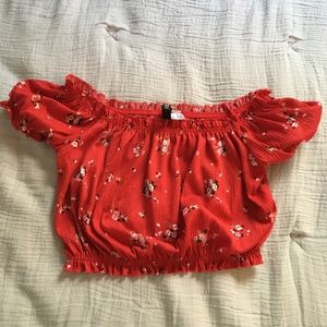 Red Off the Shoulder Floral Top by H&M
